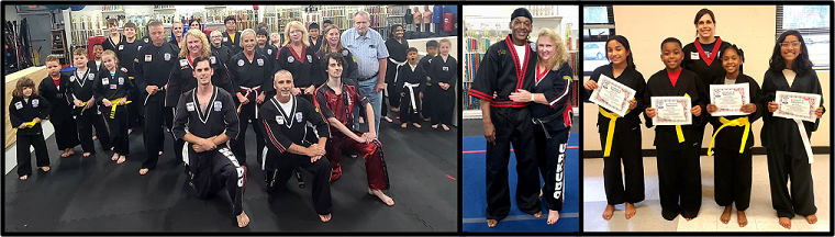 Three pictures: class photo with 2nd Degree blackbelts, picture of Master Anne and Grandmaster Baker, group shot of Lafayette UPKUDO class